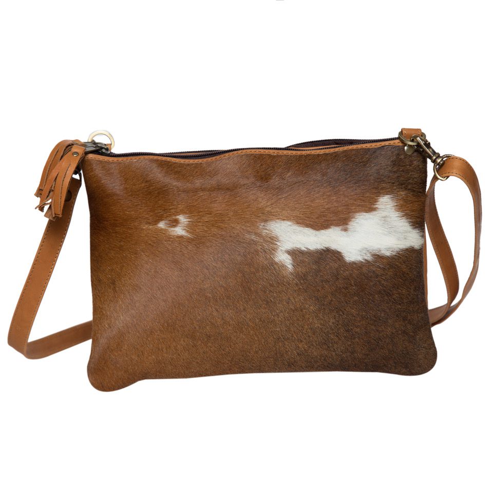 London – Tan & White Cowhide Double Zipper Sling Bag - Cowhide Travel Bags