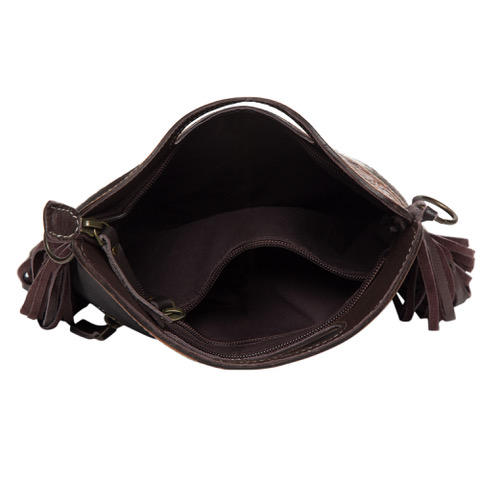 Cali – Brown and White Cowhide Sling Bag with Tooling and Fringes ...